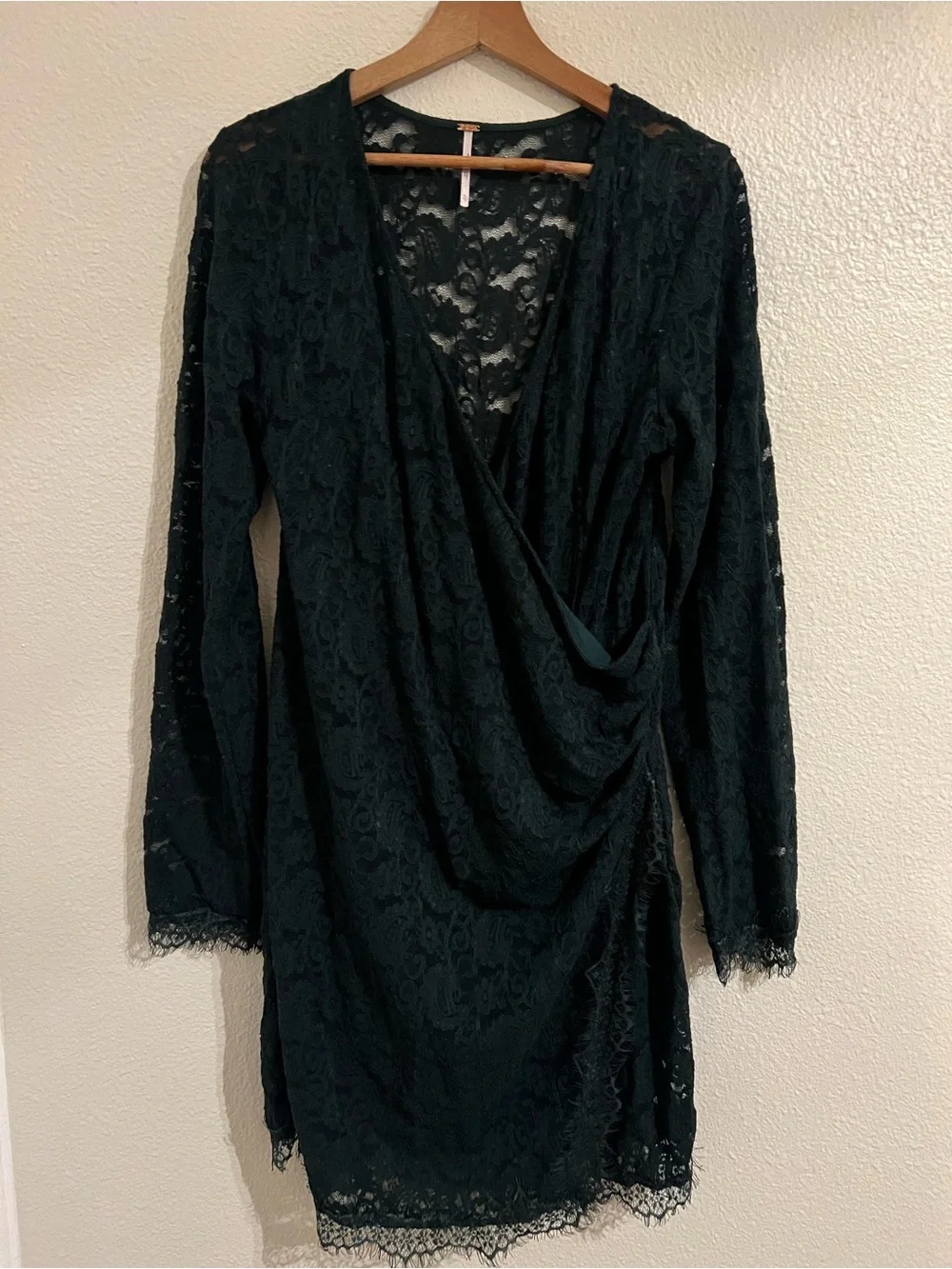 Free People Dark Green Lace Long-Sleeve Wrap Dress